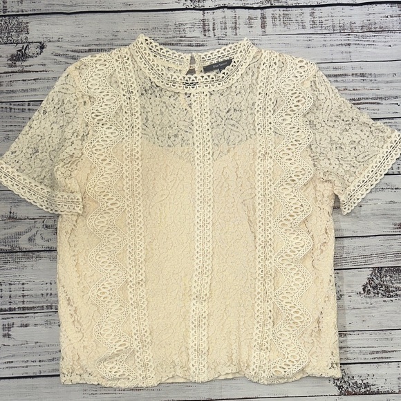 Blue Tassel Chic Lace Blouse in Cream Sz. L - Picture 2 of 10